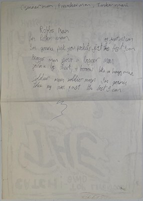 Lot 367 - THE PAUL HEMMINGS COLLECTION - THE LA'S / LIGHTNING SEEDS AND MORE - LEE MAVERS HANDWRITTEN LYRICS FOR 'ROBBERMAN' ON ORGINAL LA'S POSTER.
