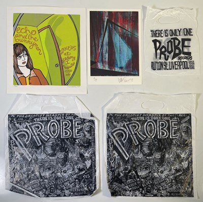 Lot 377 - THE PAUL HEMMINGS COLLECTION - THE LA'S / LIGHTNING SEEDS AND MORE - LIVERPOOL MEMORABILIA INC WILL SERGEANT SCREENPRINT / PROBE RECORDS BAGS.