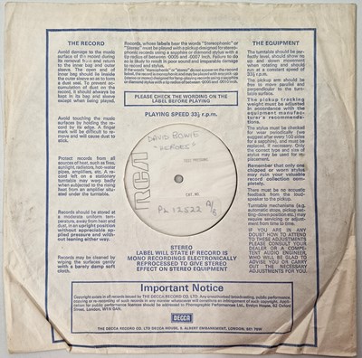 Lot 284 - DAVID BOWIE - HEROES LP (ORIGINAL UK WHITE LABEL TEST PRESSING - PL 12522)