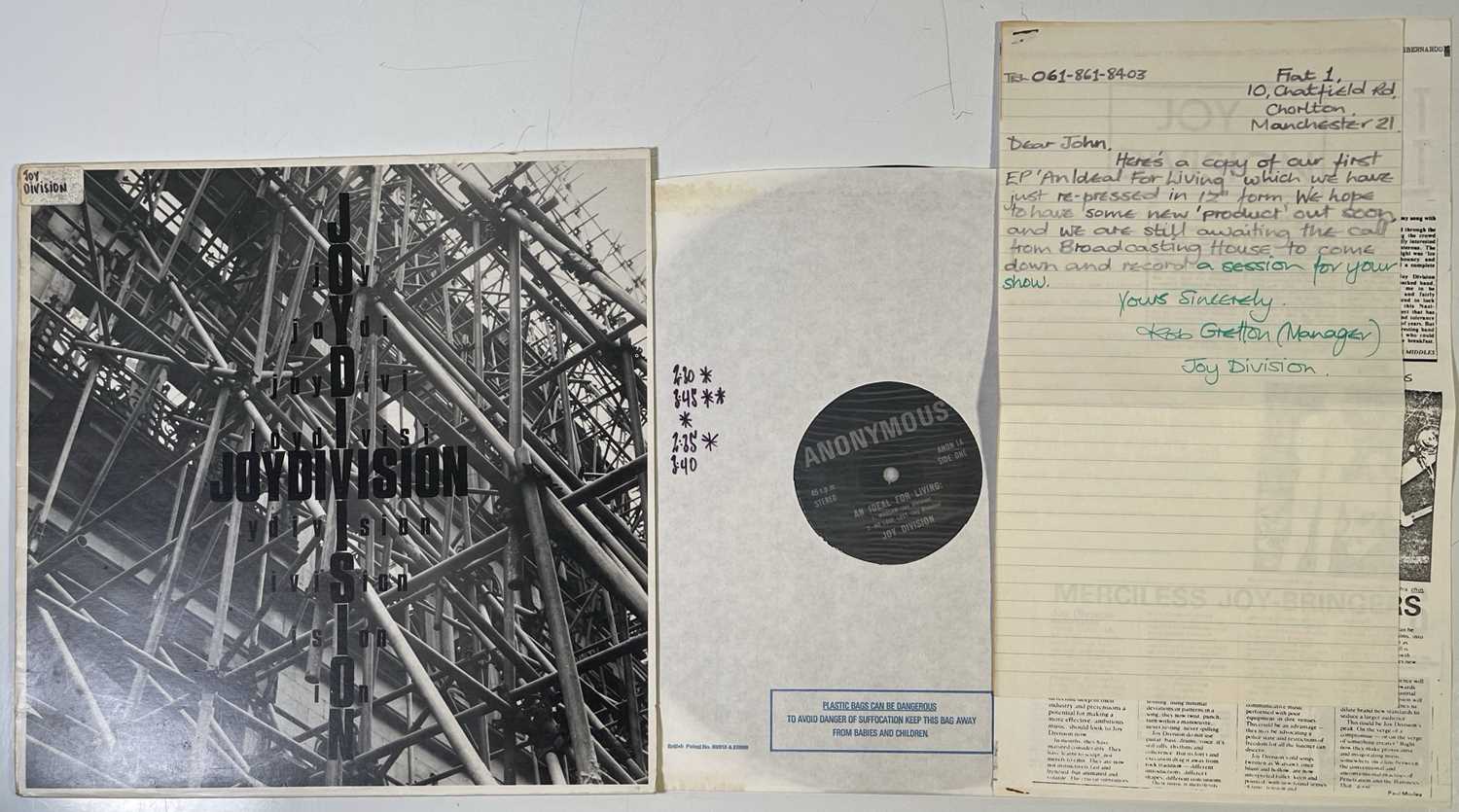 Lot 403 - JOY DIVISION - JOHN'S COPY OF THE 'IDEAL FOR LIVING' 12" WITH LETTER FROM ROB GRETTON.