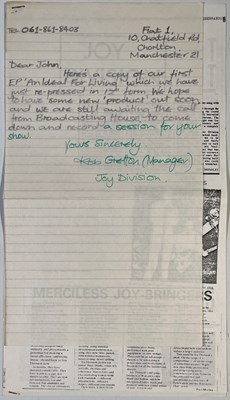 Lot 403 - JOY DIVISION - JOHN'S COPY OF THE 'IDEAL FOR LIVING' 12" WITH LETTER FROM ROB GRETTON.