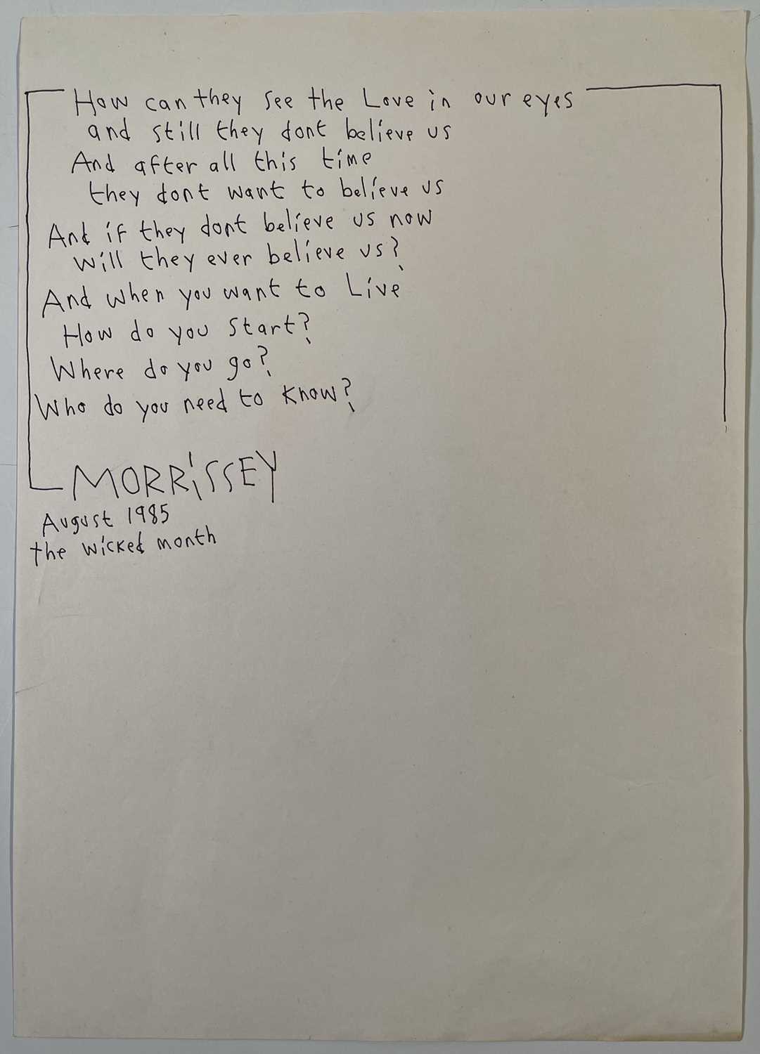 Lot 185 - THE SMITHS - MORRISSEY HANDWRITTEN LYRICS