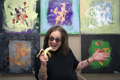 Lot 1 - OZZY OSBOURNE, KRAMER AND SABLE - TECHNICAL ECSTASY (2025) - AN ORIGINAL PAINTING FOR SAVE THE CHIMPS.