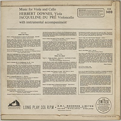 Lot 81 - HERBERT DOWNES, JACQUELINE DU PRE - MUSIC FOR VIOLA & CELLO LP (CSD. 1499 - UK ORIGINAL)