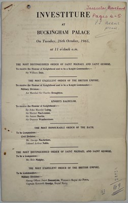 Lot 316 - THE BEATLES GET THEIR MBES- ORIGINAL BUCKINGHAM PALACE INVESTITURE LIST - OCTOBER 1965.