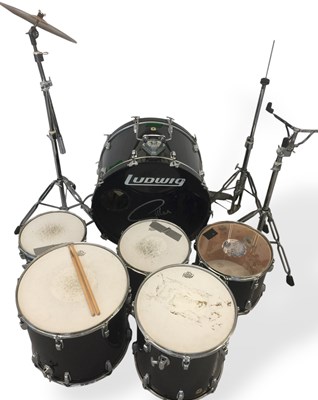 Lot 580 - DEEP PURPLE INTEREST - LUDWIG DRUM KIT OWNED, USED AND SIGNED BY IAN GILLAN.