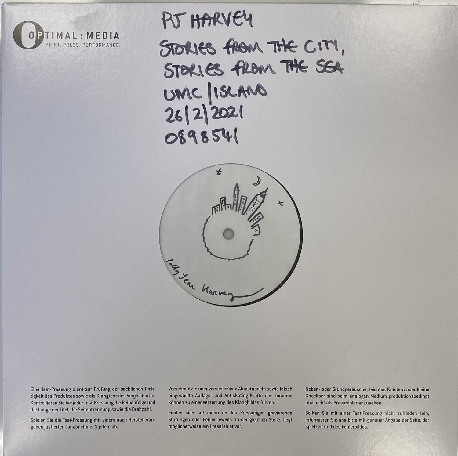 Lot 16 - PJ HARVEY - STORIES FROM THE CITY, STORIES FROM THE SEA LP (SIGNED & ILLUSTRATED WHITE LABEL TEST PRESSING - 2021 RELEASE)