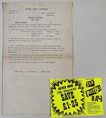 Lot 427 - THE SEX PISTOLS - ORIGINAL NOVEMBER 1977 'SEX PISTOLS DAY' VIRGIN RECORDS COUPON AND ORIGINAL JULY 1977 DISTRIBUTOR CATALOGUE.