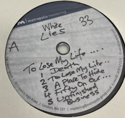 Lot 30 - WHITE LIES - TO LOSE MY LIFE & DEATH - LP/12" ACETATE RECORDINGS