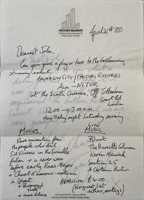 Lot 424 - THE HACIENDA / FACTORY - HANDWRITTEN LETTER FROM TONY WILSON TO JOHN.