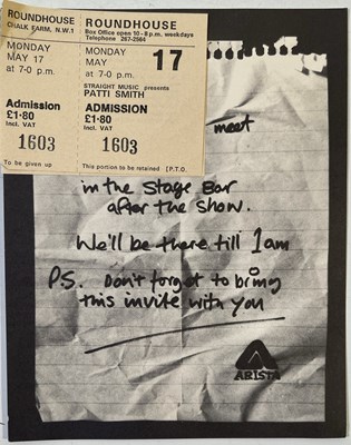 Lot 425 - PUNK - UNUSED PATTI SMITH 1976 TICKETS AND ARISTA AFTERSHOW INVITE.