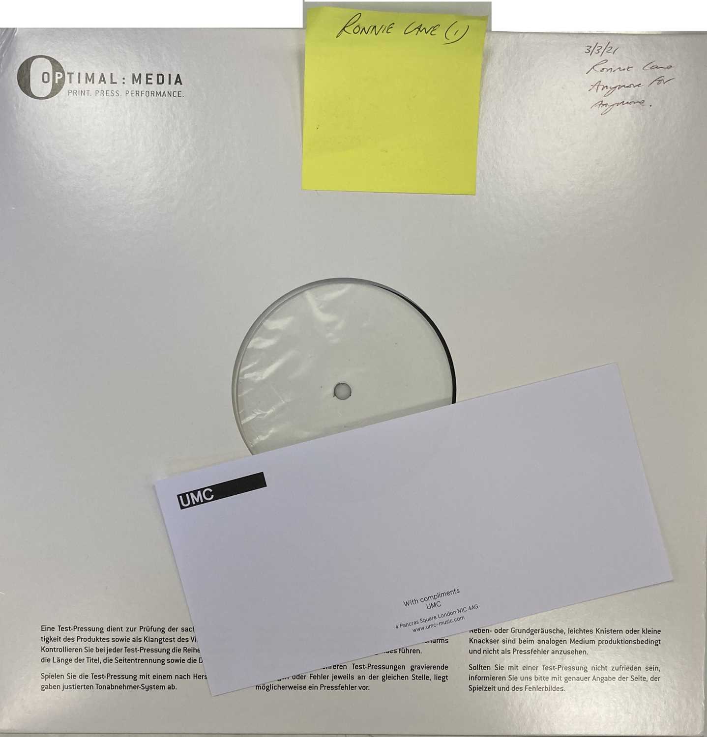 Lot 76 - RONNIE LANE - ANYMORE FOR ANYONE LP (2021 WHITE LABEL TEST PRESSING)