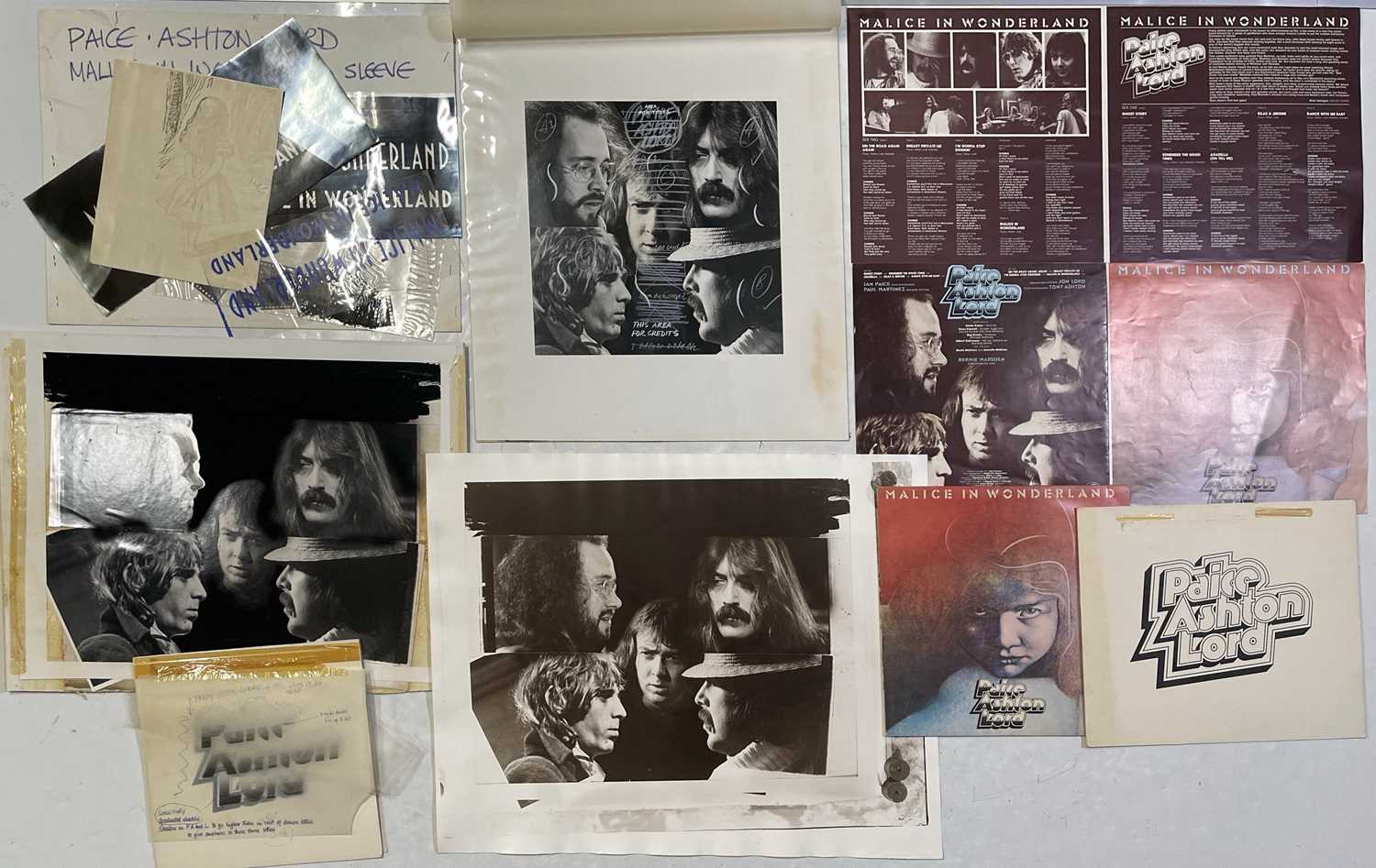 Lot 73 - DEEP PURPLE INTEREST - PAICE ASHTON LORD ORIGINAL DESIGN MATERIALS FOR 'MALICE IN WONDERLAND'. ORIGINAL LP ARTWORK - DESIGNS / HAND DRAWN SKETCHES AND MORE.