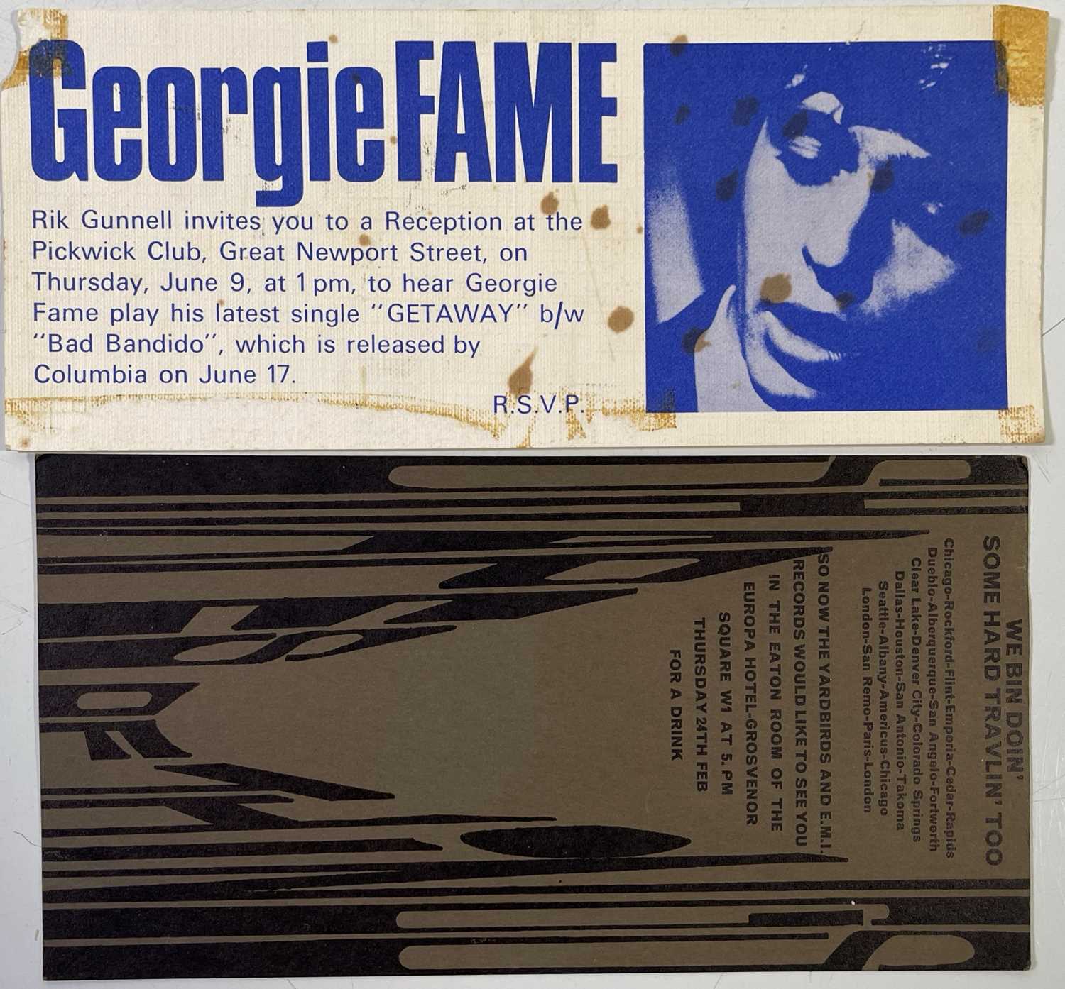 Lot 141 - YARDBIRDS - GEORGIE FAME - ORIGINAL C 1960S INVITES.
