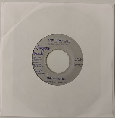 Lot 176 - PUBLIC NOTICE - TACK HEAD/ OUR LOVE IS FADING 7" (ORIGINAL US, EVERGREEN) MODERN SOUL LOW RIDER