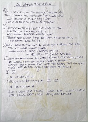 Lot 448 - OASIS - NOEL GALLAGHER HANDWRITTEN LYRICS FOR 'ALL AROUND THE WORLD'.