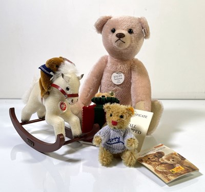 Lot 92 - STEIFF JOB LOT - BEAR WITH ROCKING HORSE, 1908 ROSE TEDDY BEAR, SORRY BEAR, AND CHRISTMAS ORNAMENT