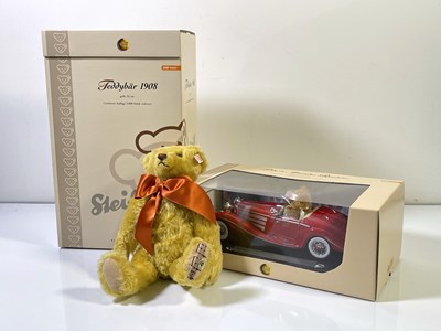 Lot 130 - STEIFF COLLECTION - 1908 REPLICA TEDDY BEAR, BEAR WITH MERCEDES ROADSTER, AND TEDDY BEAR'S PICNIC MUSICAL BEAR