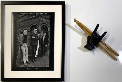 Lot 459 - THE SMITHS - PHOTOGRAPHER SIGNED 'SALFORD LADS CLUB' PRINT AND STEPHEN MORRIS SIGNED DRUMSTICK.
