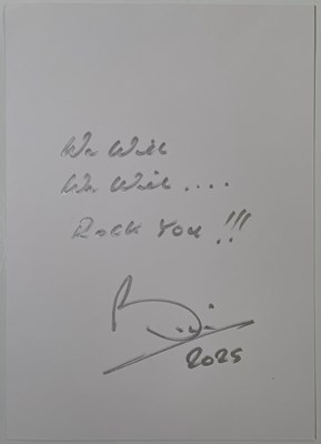 Lot 378 - QUEEN - BRIAN MAY HANDWRITTEN AND SIGNED QUEEN LYRICS FOR WE WILL ROCK YOU.
