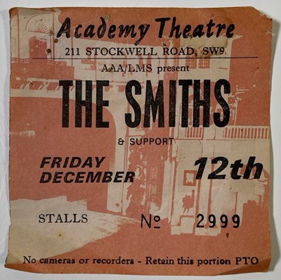 Lot 467 - THE SMITHS - TICKET STUB FOR FINAL CONCERT, BRIXTON ACADEMY, 1986.