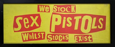 Lot 540 - SEX PISTOLS - ORIGINAL 1977 'WHILE STOCKS LAST' BANNER POSTER.