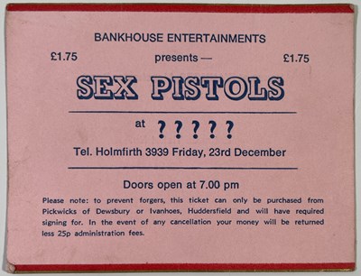 Lot 497 - THE SEX PISTOLS - ORIGINAL TICKET FOR THE CHRISTMAS DAY CONCERT AT IVANHOES, HUDDERSFIELD.