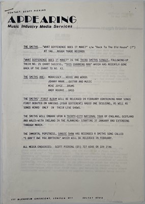 Lot 456 - THE SMITHS - WHAT DIFFERENCE DOES IT MAKE? - 1984 PRESS RELEASE.