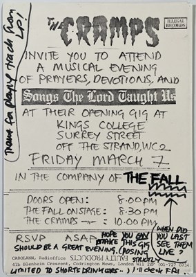 Lot 385 - THE CRAMPS - INVITE TO 'SONGS THE LORD TAUGHT US' LAUNCH.