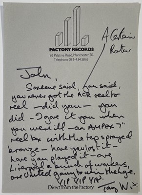 Lot 357 - FACTORY RECORDS - LETTER FROM TONY WILSON TO JOHN.