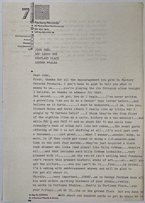 Lot 358 - FACTORY RECORDS - LETTER FROM TONY WILSON TO JOHN PEEL.