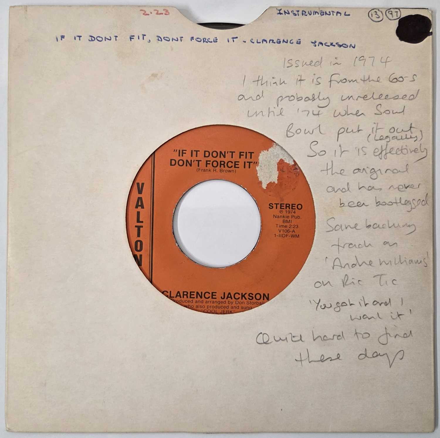 Lot 43 - CLARENCE JACKSON - 'IF IT DON'T FIT DON'T FORCE IT' 7" - USA 1974 RARE DETROIT NORTHERN