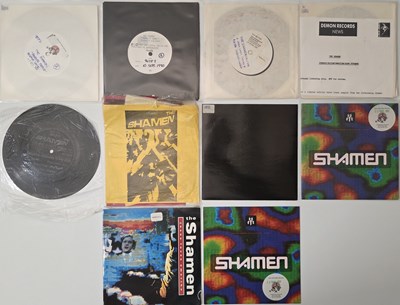 Lot 29 - THE SHAMEN - 7" SINGLES PACK WITH W/L'S, PROMO SHEETS, WRITTEN LETTERS, FLYERS ETC.