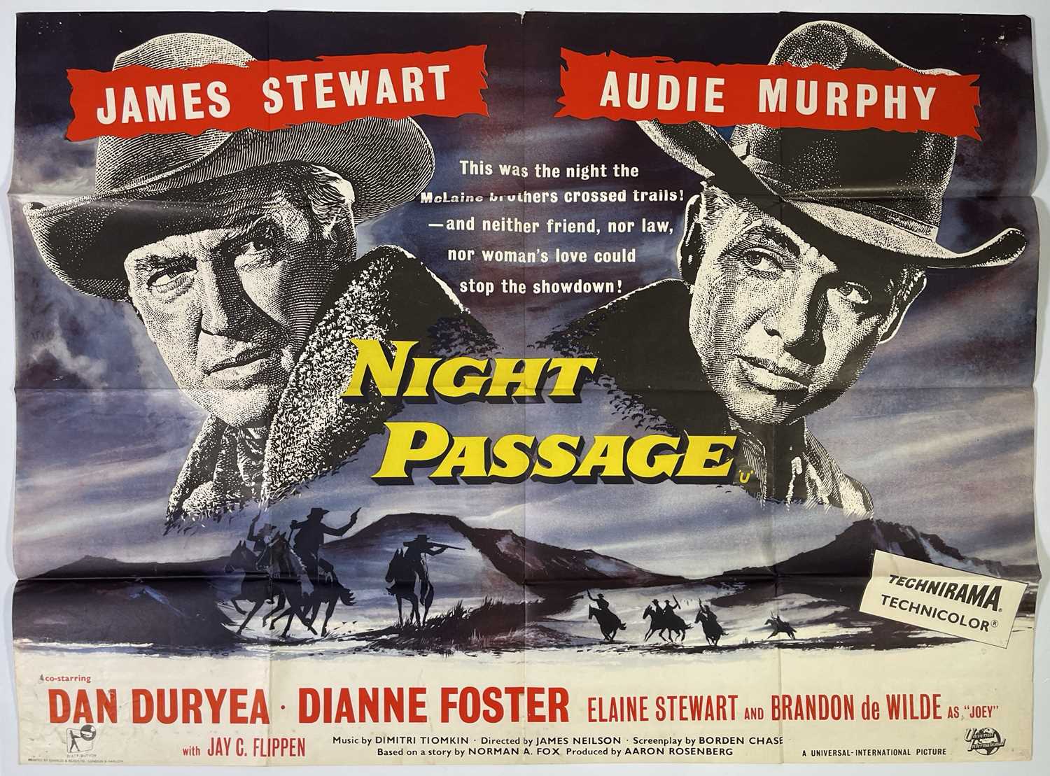 Lot 138 - JAMES STEWART / AUDIE MURPHY IN 'NIGHT PASSAGE' (1957) - UK QUAD POSTER.