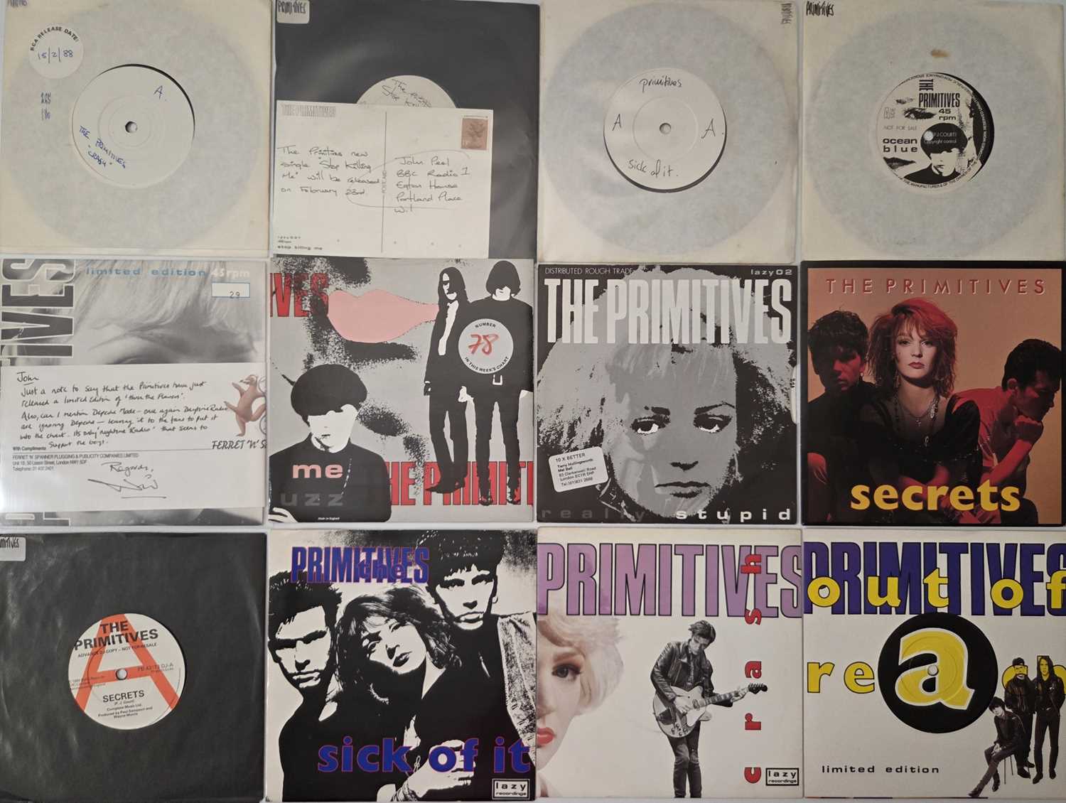 Lot 55 - THE PRIMITIVES - 7" SINGLES PACK WITH PROMOS, LETTERS, POSTCARDS, PRESS MATERIAL