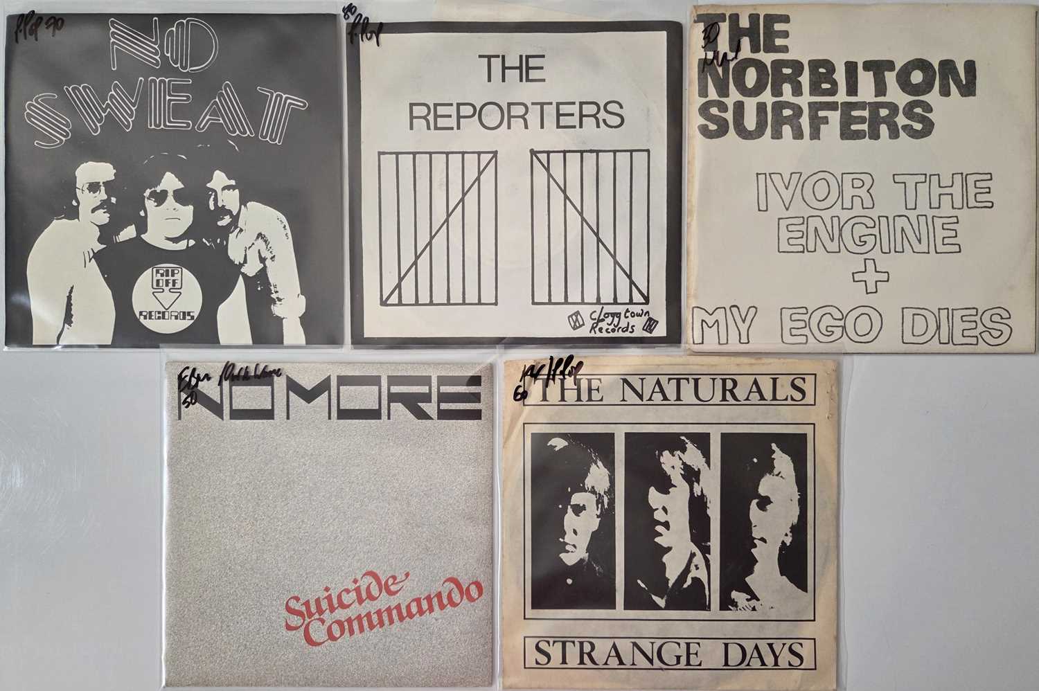 Lot 134 - POWER POP - NEW WAVE - 7" SINGLE PACK - NO SWEAT, THE REPORTERS, THE NORBITON SURFERS
