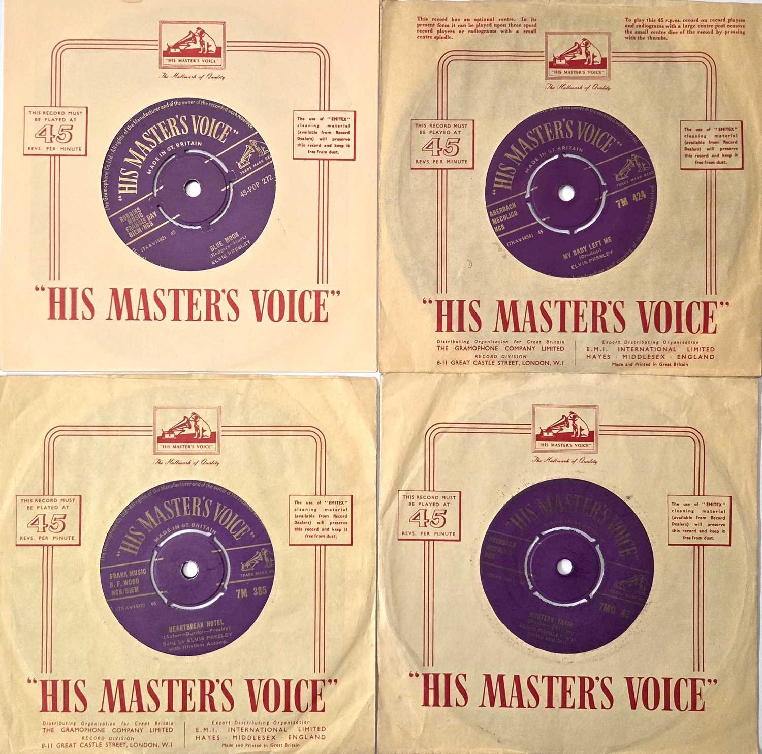 Lot 94 - ELVIS PRESLEY 7" SINGLES - UK HMV PURPLE/GOLD LABELS & 'CASTLE' CENTRE EXPORT