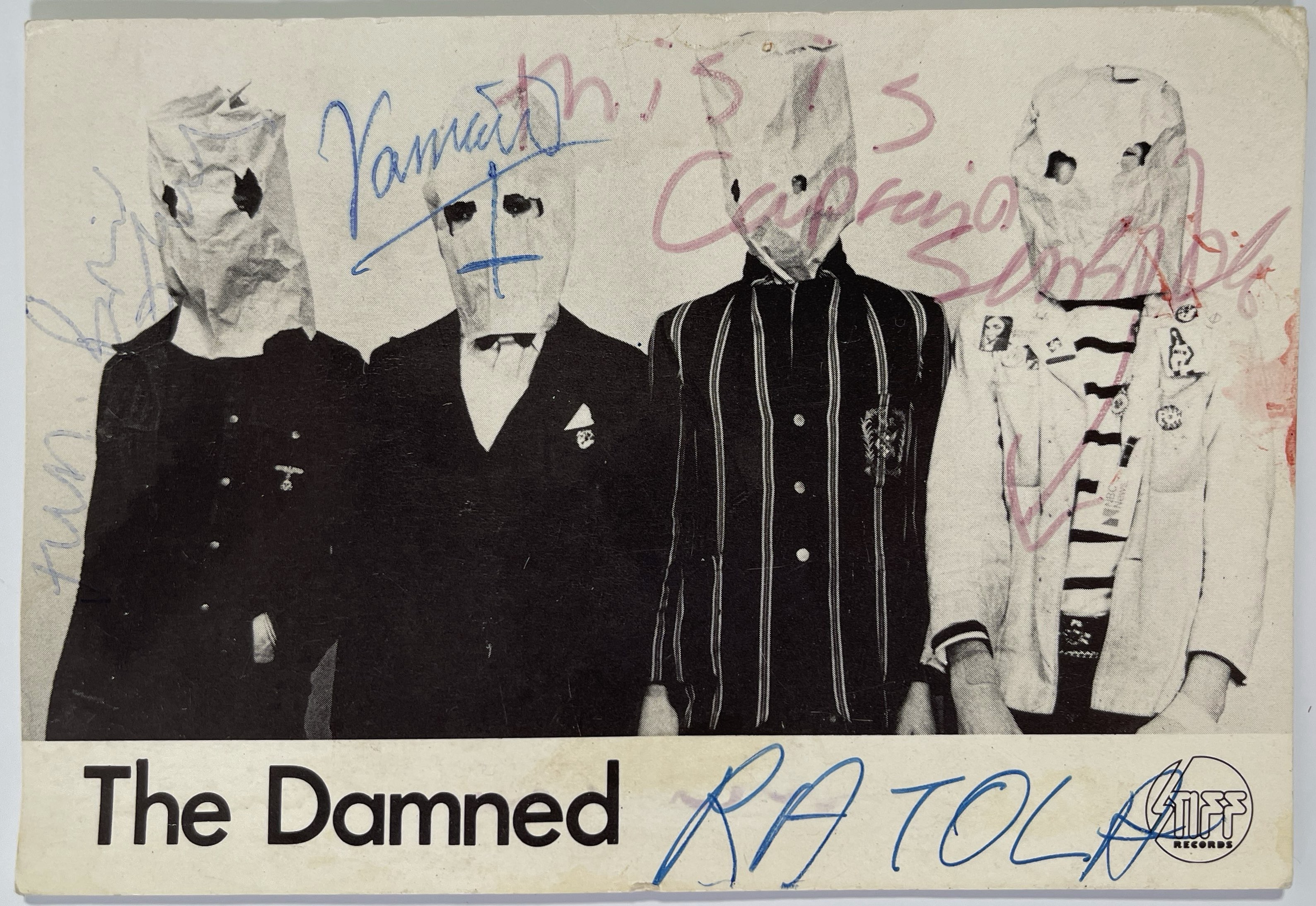 Lot 344 - THE DAMNED - FULLY SIGNED VINTAGE POSTCARD.