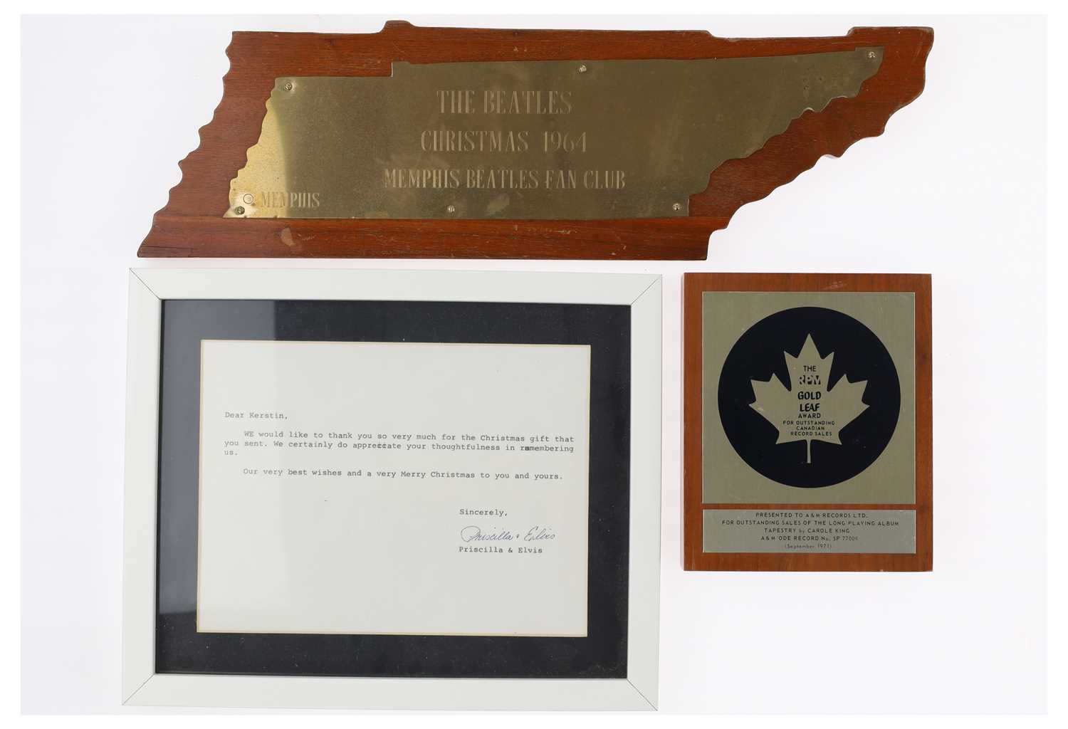 Lot 52 - 1960S COLLECTABLES INC BEATLES / ELVIS / CAROLE KING AWARD.