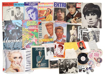 Lot 34 - MUSIC MEMORABILIA INC BADGES / MAGAZINE /VHS.