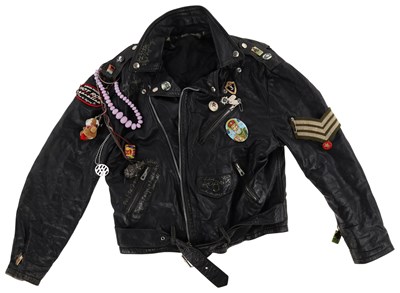 Lot 466 - ADAM ANT - LEATHER JACKET GIFTED BY AA TO OUR VENDOR - WITH A HANDWRITTEN MANIFESTO ON CARD.
