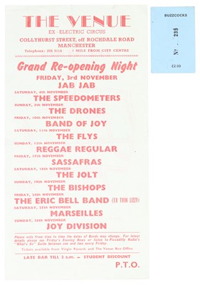 Lot 154 - JOY DIVISION - ORIGINAL VENUE HANDBILL AND TICKET STUB FOR LAST NIGHT OF ELECTRIC CIRCUS (WARSAW PERFORMANCE).