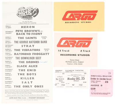 Lot 82 - MANCHESTER MUSIC - MEMORABILIA INC CARGO STUDIOS RATES CARD / ELECTRIC CIRCUS HANDBILL / PIL TICKET.