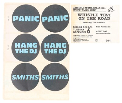 Lot 111 - THE SMITHS - PANIC STICKERS AND RARE 1983 'WHISTLE TEST' TICKET.