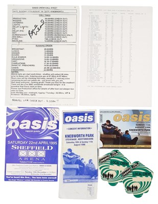 Lot 95 - OASIS - CONCERT MEMORABILIA INC 1995 HANDBILL / BONEHEAD SIGNED CALL SHEET.