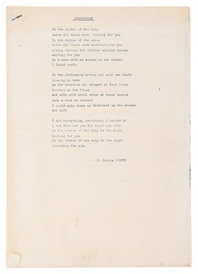 Lot 156 - JOY DIVISION - ORIGINAL AND EARLY TYPED LYRICS - GIVEN TO JOURNALIST PAUL MORLEY.