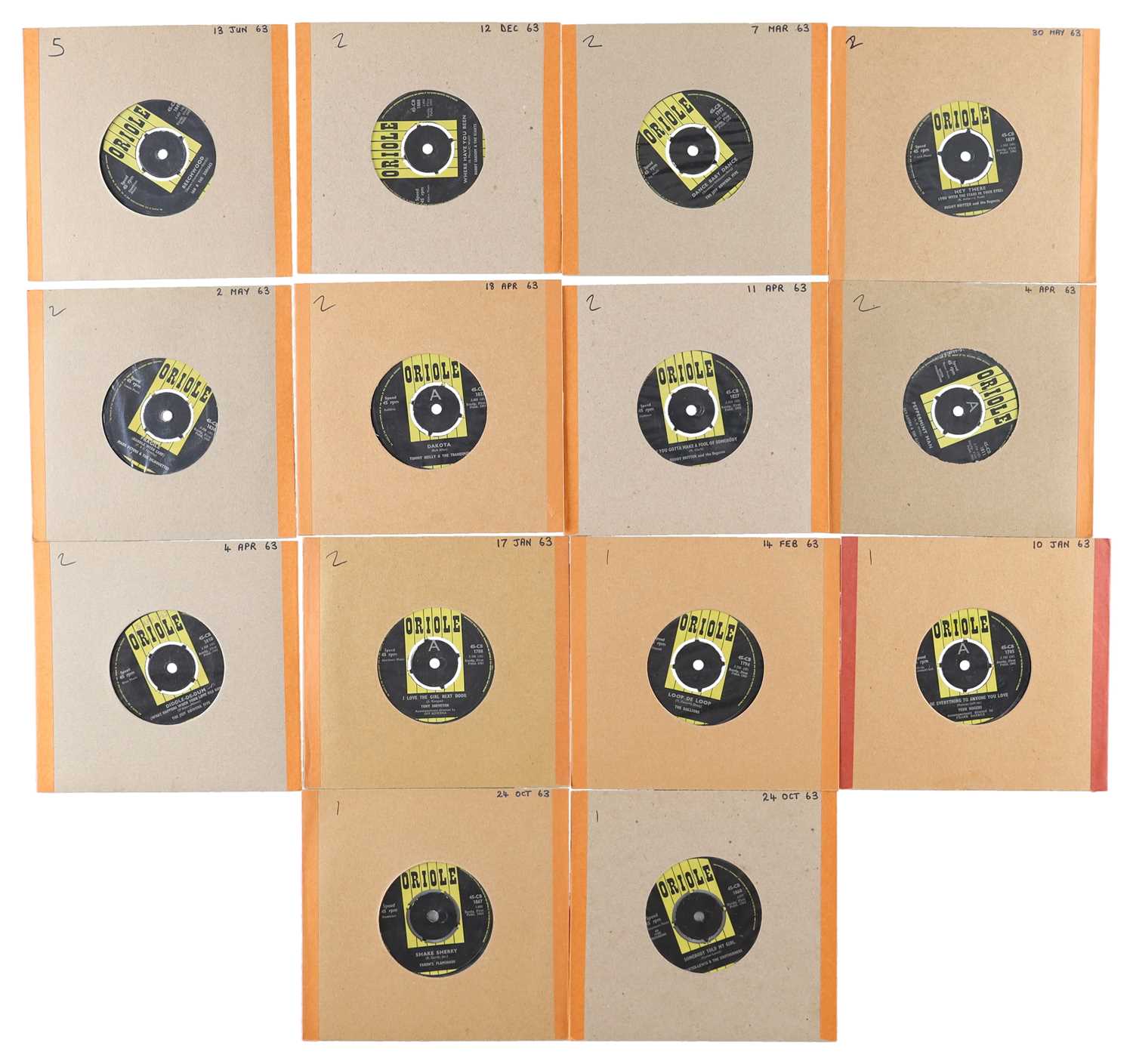 Lot 36 - 1963 - ORIOLE - BEAT - 7" SINGLE PACK - IAN & THE ZODIACS, BOBBY SANSOM AND THE GIANTS