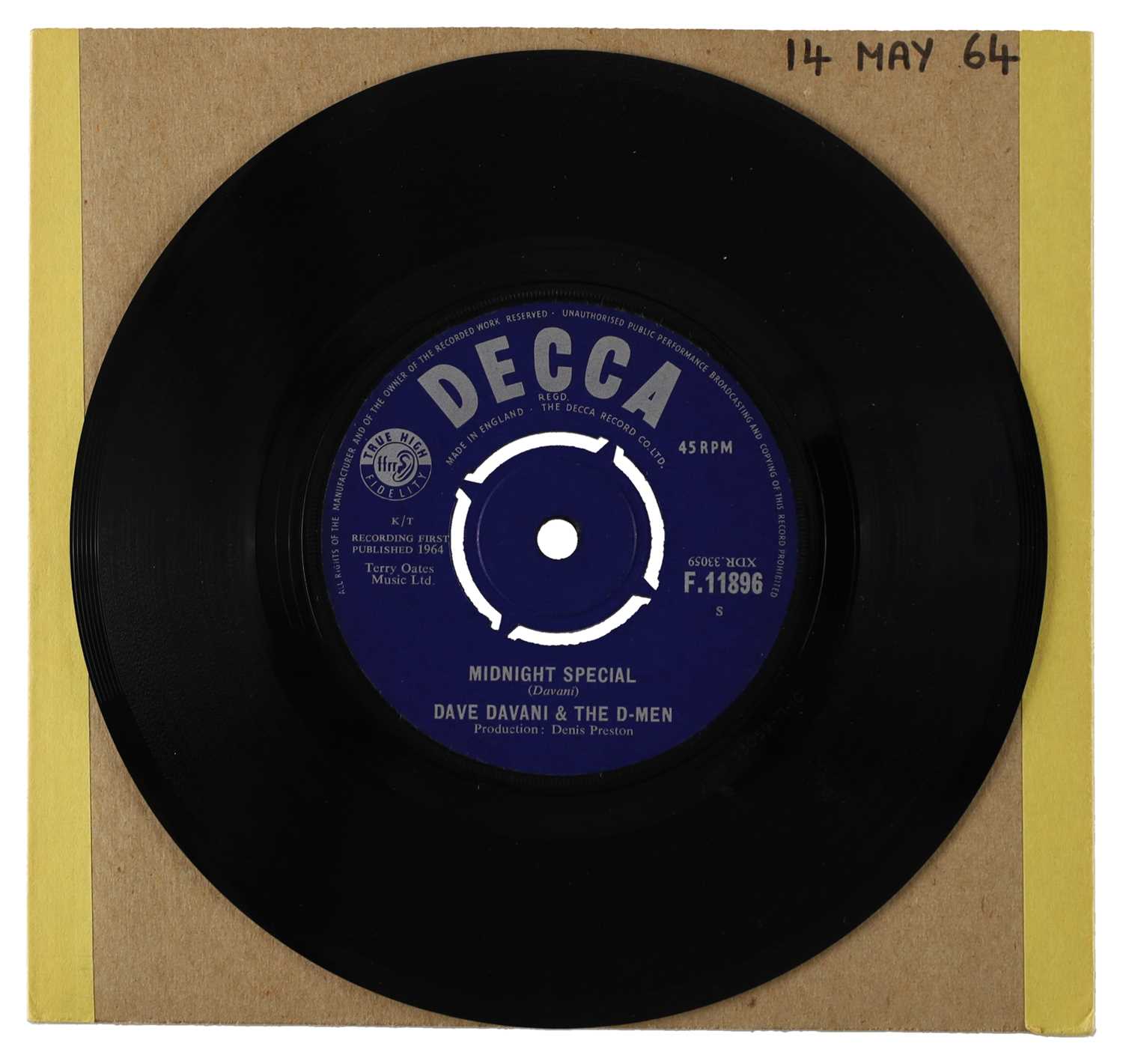 Lot 40 - DAVE DAVANI & THE D-MEN – MIDNIGHT SPECIAL UK DECCA 7” (F.11896)