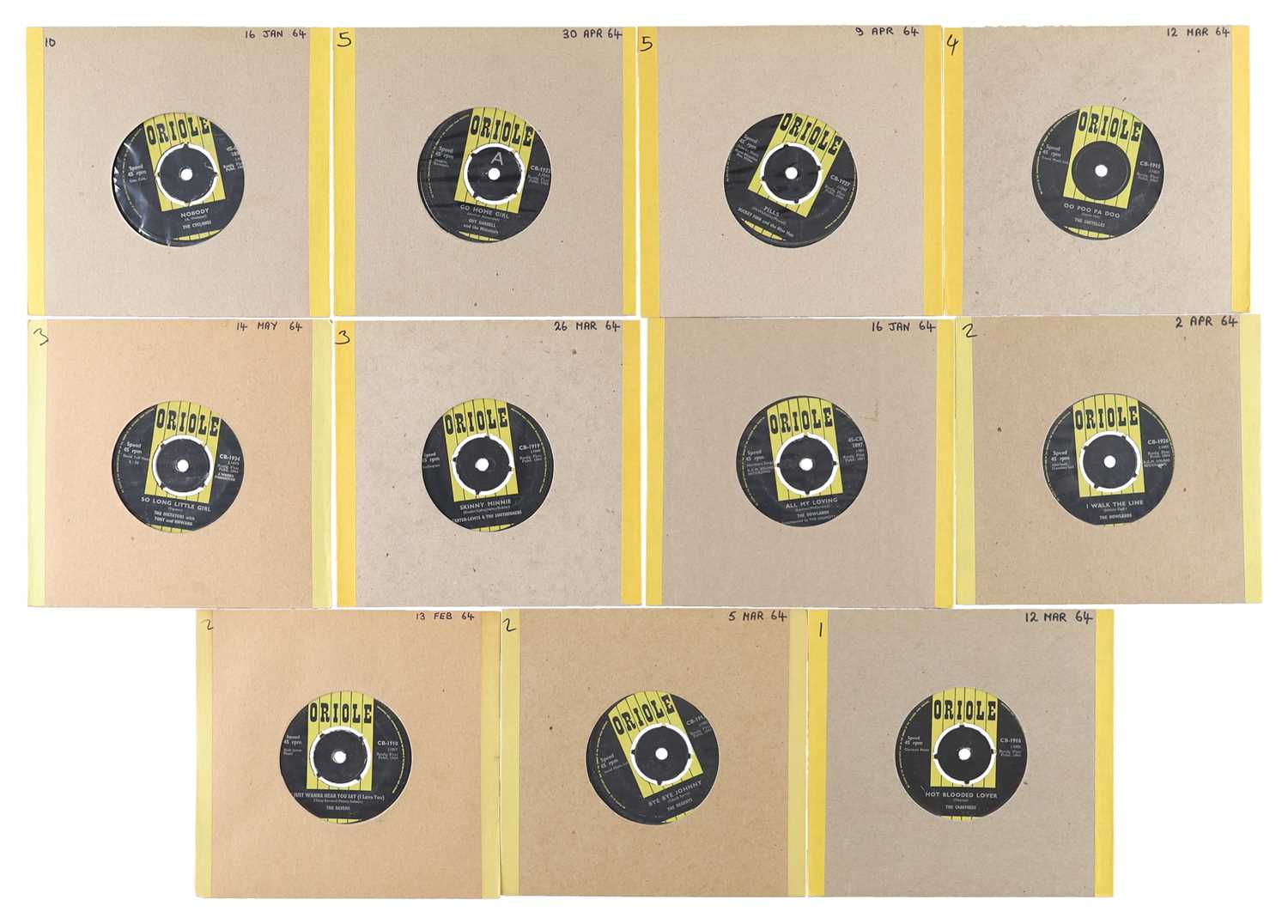 Lot 41 - 1964 - JAN TO MAY - ORIOLE 7" SINGLE PACK - THE CYCLONES, GUY DARRELL, MICKEY FINN