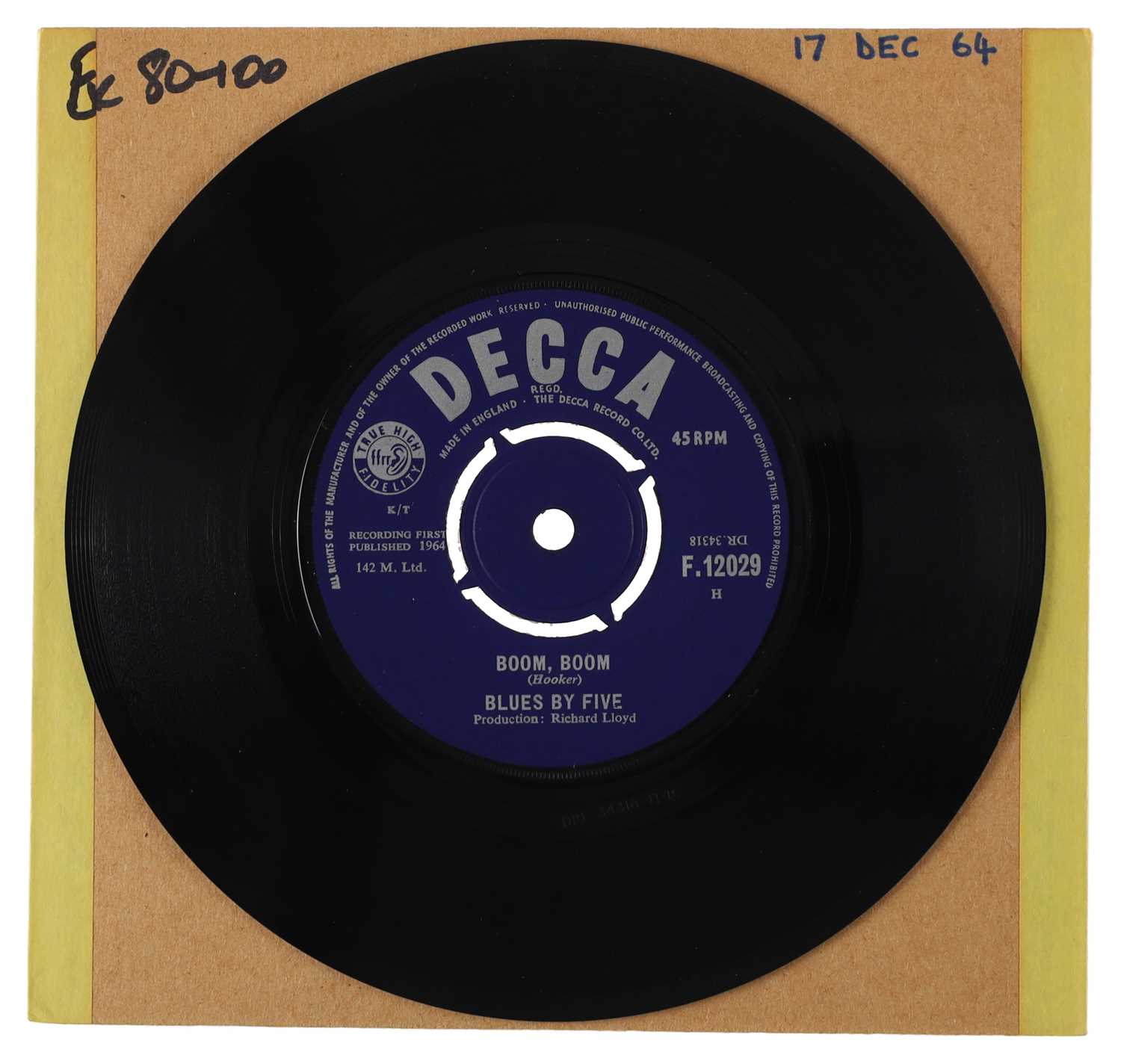 Lot 59 - BLUES BY FIVE – BOOM, BOOM UK DECCA 7” (F.12029)